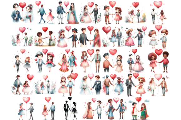 34 Watercolor Couple with Heart Bundle