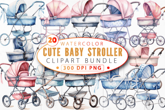 Cute Baby Stroller Watercolor Clipart Bu: Design with Charm and Versatility