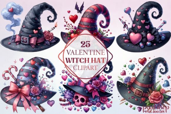 Enchanting Watercolor Valentine Witch Hat Clipart