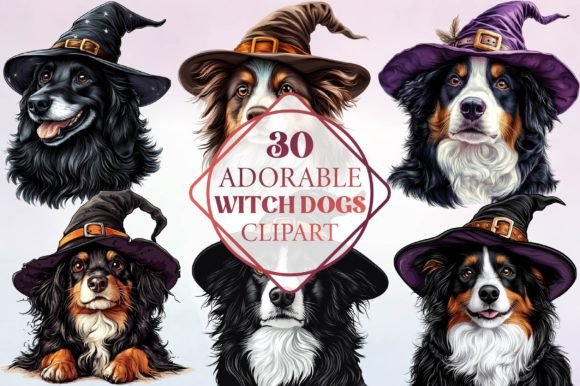 Watercolor Adorable Witch Dogs Clipart for Creative Projects