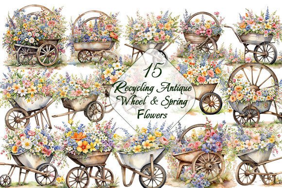 Watercolor Antique Wheel and Flower