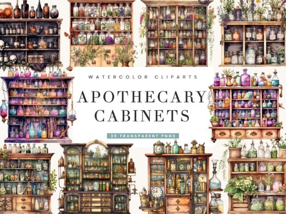 Watercolor Apothecary Cabinets Clipart for Branding