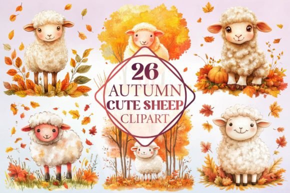 Watercolor Autumn Cute Sheep Clipart
