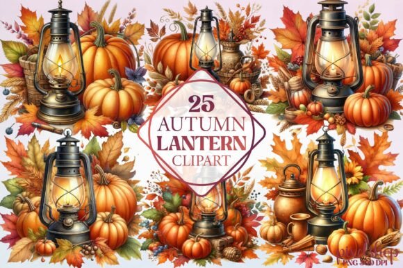 Watercolor Autumn Lantern Clipart for Warm Seasonal Design