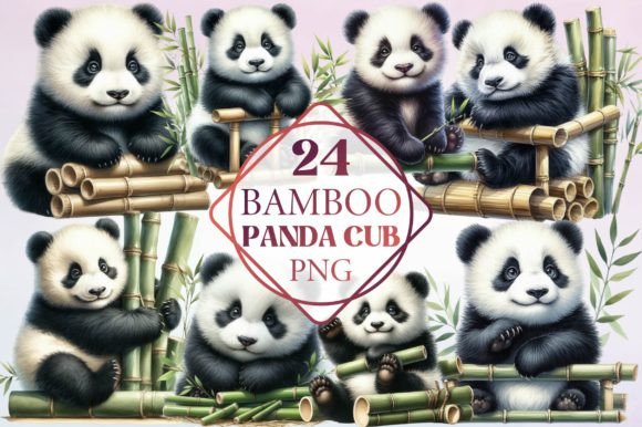 Watercolor Bamboo Panda Cub Clipart