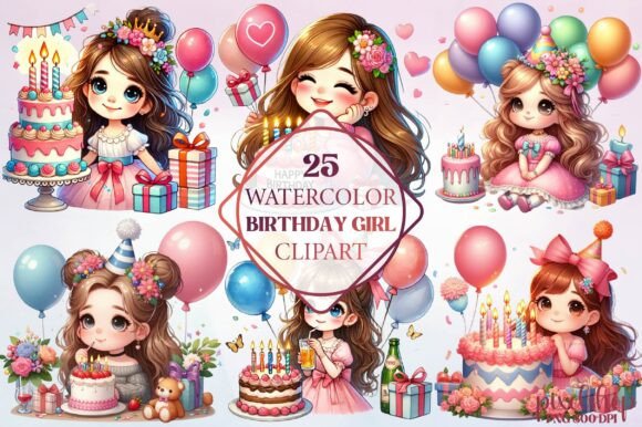 Watercolor Birthday Girl Clipart: Creative Design for Celebrations