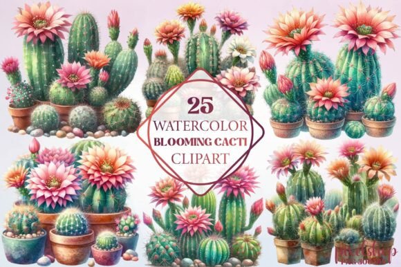Watercolor Blooming Cacti Clipart