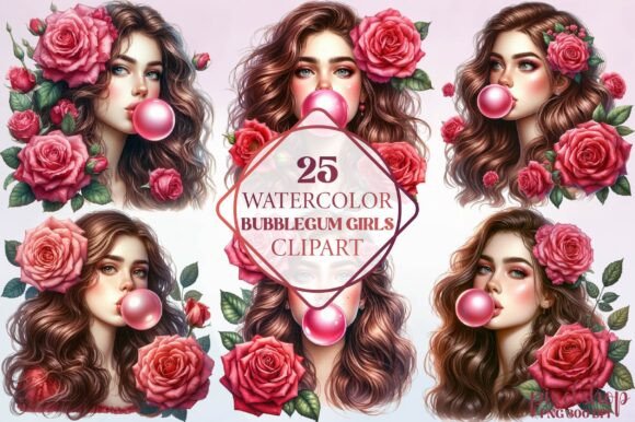 Watercolor Bubblegum Girls Clipart