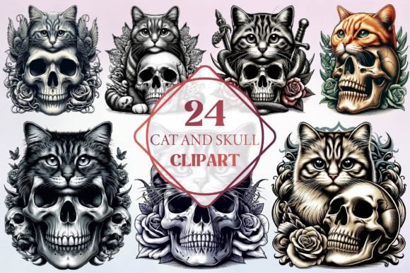 Watercolor Cat and Skull Clipart