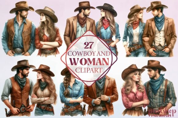 Watercolor Cowboy and Woman Clipart in Modern Design