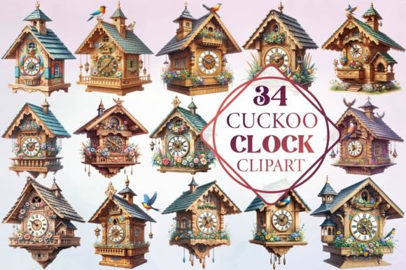 Watercolor Cuckoo Clock Clipart: Artful Charm for Modern Design