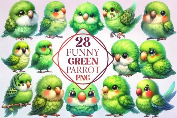 Watercolor Cute and Funny Green Parrot