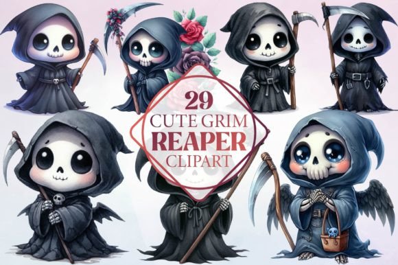 Watercolor Cute Grim Reaper Clipart