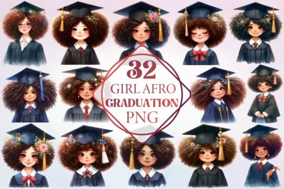 Watercolor Girl Afro Graduation Clipart for Designers
