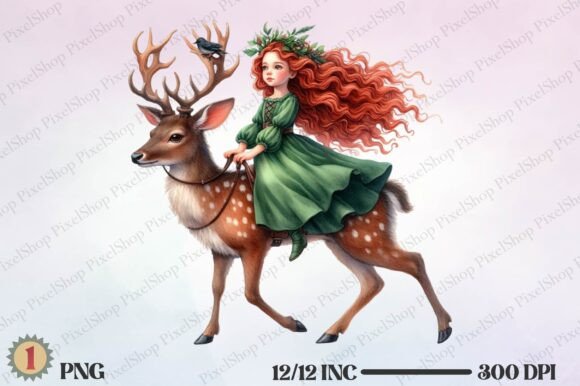 Watercolor Girl Riding Reindeer PNG for Creative Projects