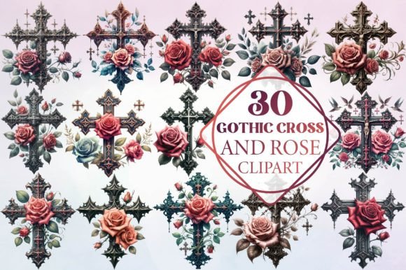 Watercolor Gothic Cross and Rose Clipart