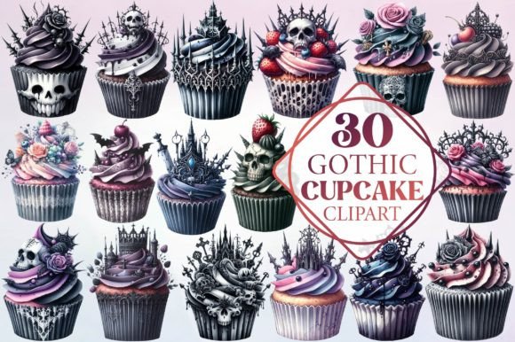 Watercolor Gothic Cupcake Clipart for Darkly Elegant Design