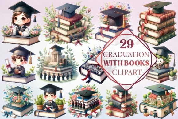 Watercolor Graduation with Books Clipart for Thoughtful Design