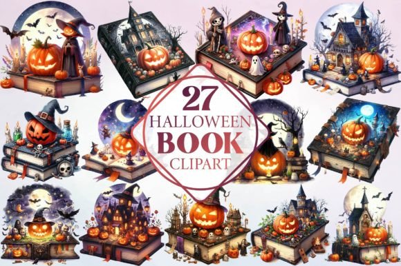 Watercolor Halloween Book Clipart for Creative Projects