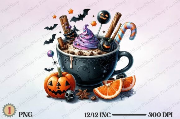 Watercolor Halloween Coffee Cup PNG for Creative Projects