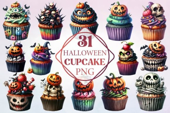 Watercolor Halloween Cupcake Clipart for Festive Design