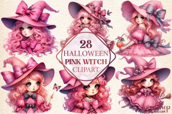 Watercolor Halloween Pink Witch Clipart for Creatives