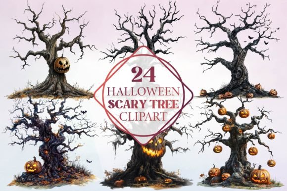 Watercolor Halloween Scary Tree Clipart for Design Projects