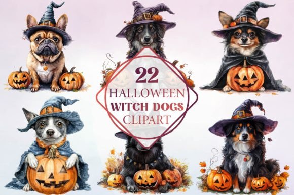 Watercolor Halloween Witch Dogs Clipart