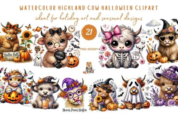 Watercolor Highland Cow Halloween Autumn