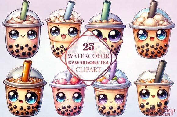 Watercolor Kawaii Boba Tea Clipart for Creative Projects