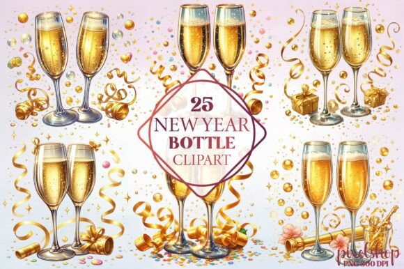 Watercolor New Year Bottle Clipart