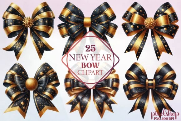 Watercolor New Year Bow Clipart: Design Assets for Creatives