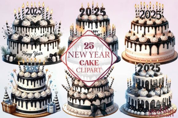 Watercolor New Year Cake Clipart