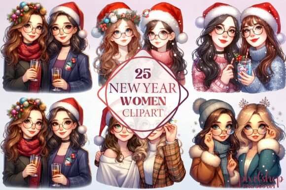 Watercolor New Year Women Clipart for Branding & Design