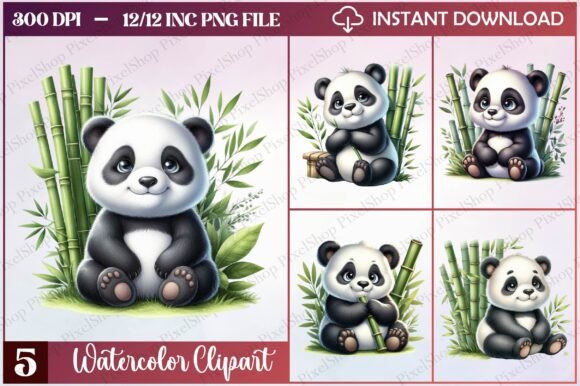 Watercolor Panda Bear Sitting Clipart