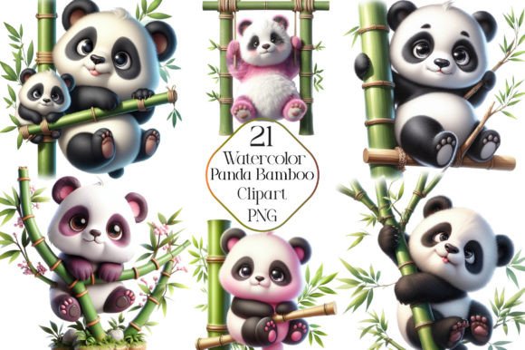 Watercolor Panda with Bamboo Clipart