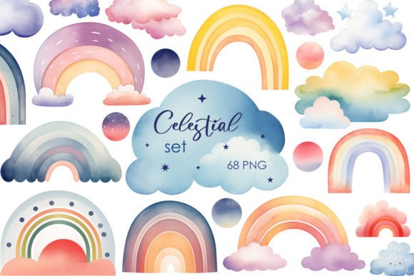 Watercolor Rainbow Clouds Clipart Set