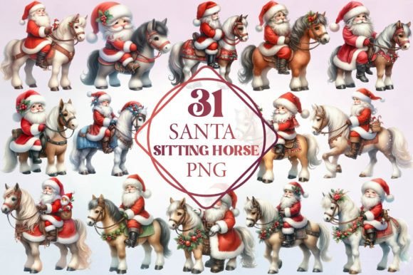 Watercolor Santa Sitting Horse Clipart for Holiday Design