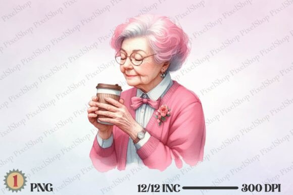 Watercolor Senior Lady Drinking Coffee: A Font with Soul