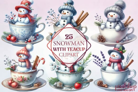 Watercolor Snowman with Teacup Clipart