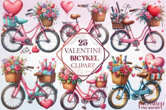 Watercolor Valentine Bicykel Clipart