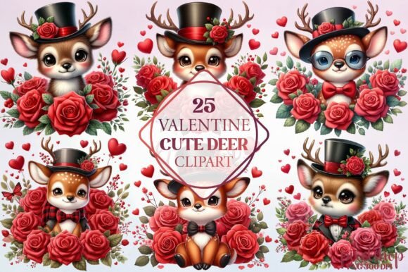 Watercolor Valentine Cute Deer Clipart