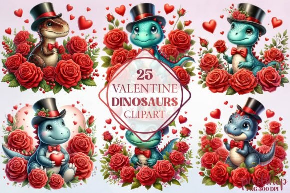 Watercolor Valentine Dinosaurs Clipart for Playful Branding