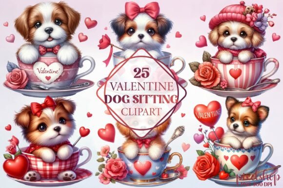 Watercolor Valentine Dog Sitting Clipart