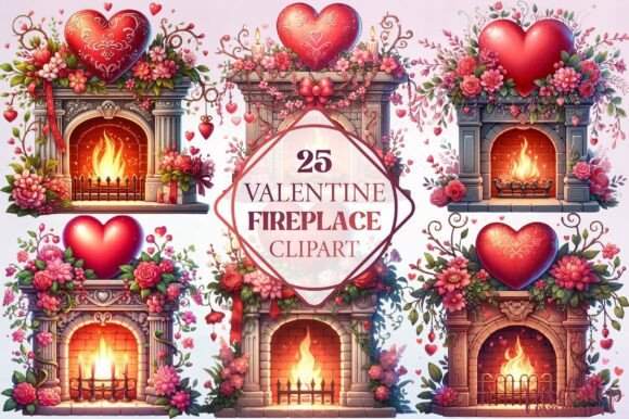 Watercolor Valentine Fireplace Clipart for Cozy Designs