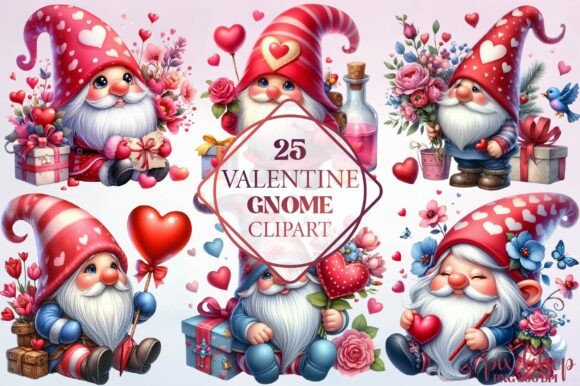 Watercolor Valentine Gnome Clipart: A Whimsical Asset for Festive Designs