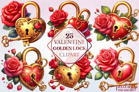 Watercolor Valentine Golden Lock Clipart