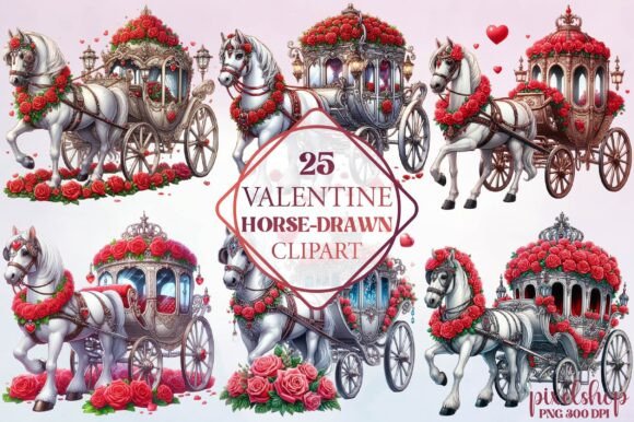 Watercolor Valentine Horse-Drawn Clipart