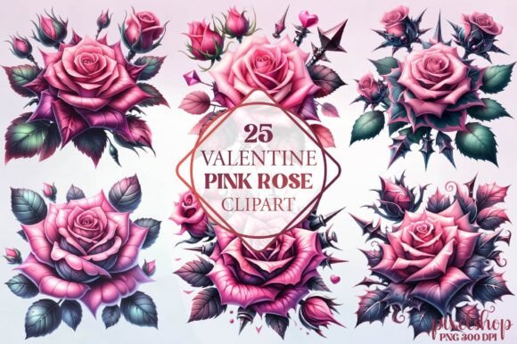 Watercolor Valentine Pink Rose Clipart for Design Projects
