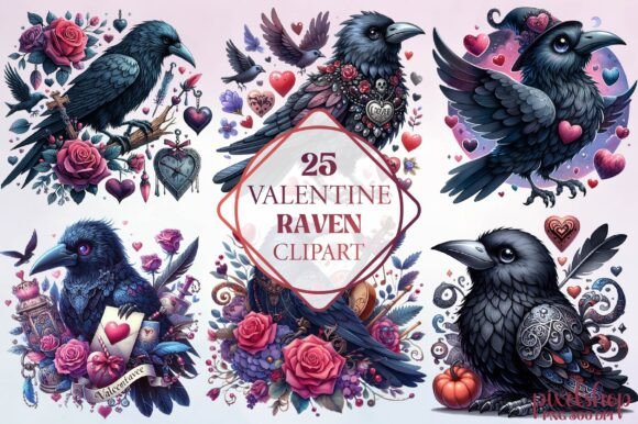 Watercolor Valentine Raven Clipart for Bold Romantic Design